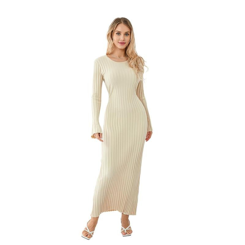 Women Knit Dress, Elegant Long Sleeve Crew Neck Ribbed Solid Fall Long Dress Streetwear Casual Light