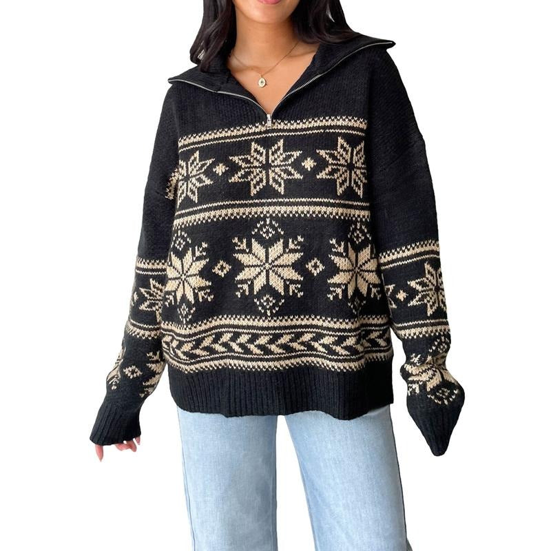 Women Knit Sweater Long Sleeve Turn-down Collar Zipped Snow Pullover Warm Sweater for Fall Winter
