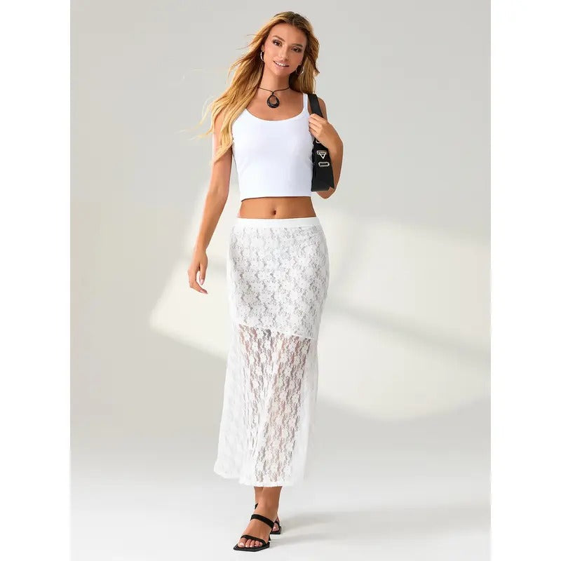 Women Lace Half Dress, Summer Spring Street Casual Party See Through Wrapped Long Skirt Womenswear Bottom