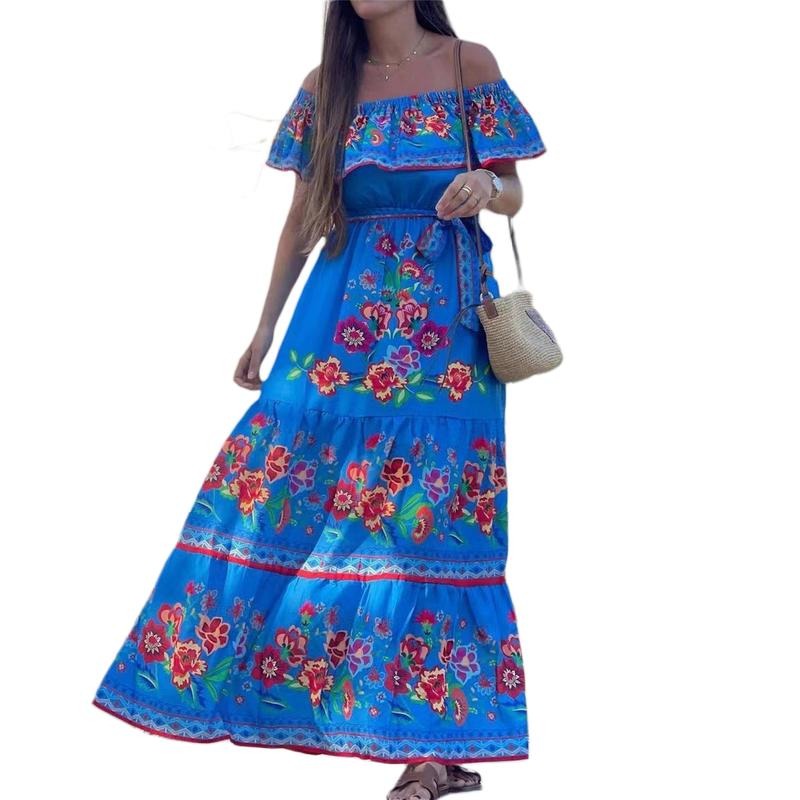 Women Long Strapless Dress Floral Print Boat Neck Off Shoulder Tighten Tie Waist Flowy Summer Beach Dresses Casual Light