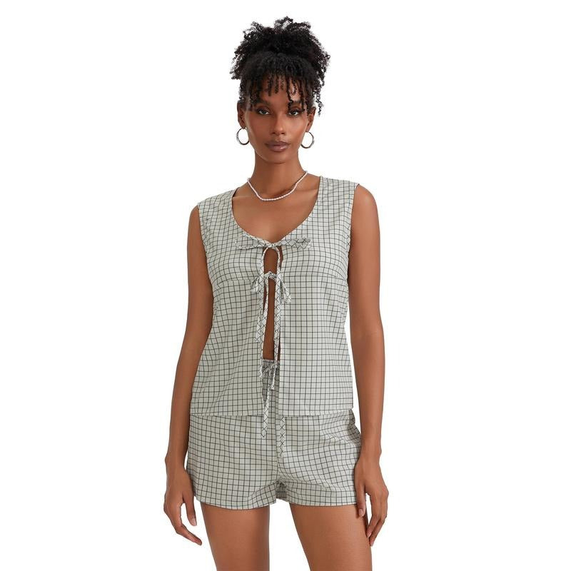 Women Plaid Outfit, Sleeveless Tie-up Tank Top with Elastic Waist Shorts Summer Outfit Fashion Womenswear