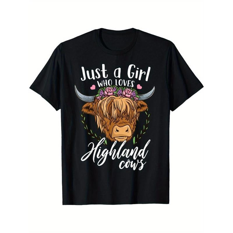 Women'S Highland Cow Graphic Tee - 100% Cotton Crew Neck T-Shirt with Geometric Pattern, Medium Stretch, All-Season Comfort, Regular Fit, Short Sleeve Pullovers Made in USA