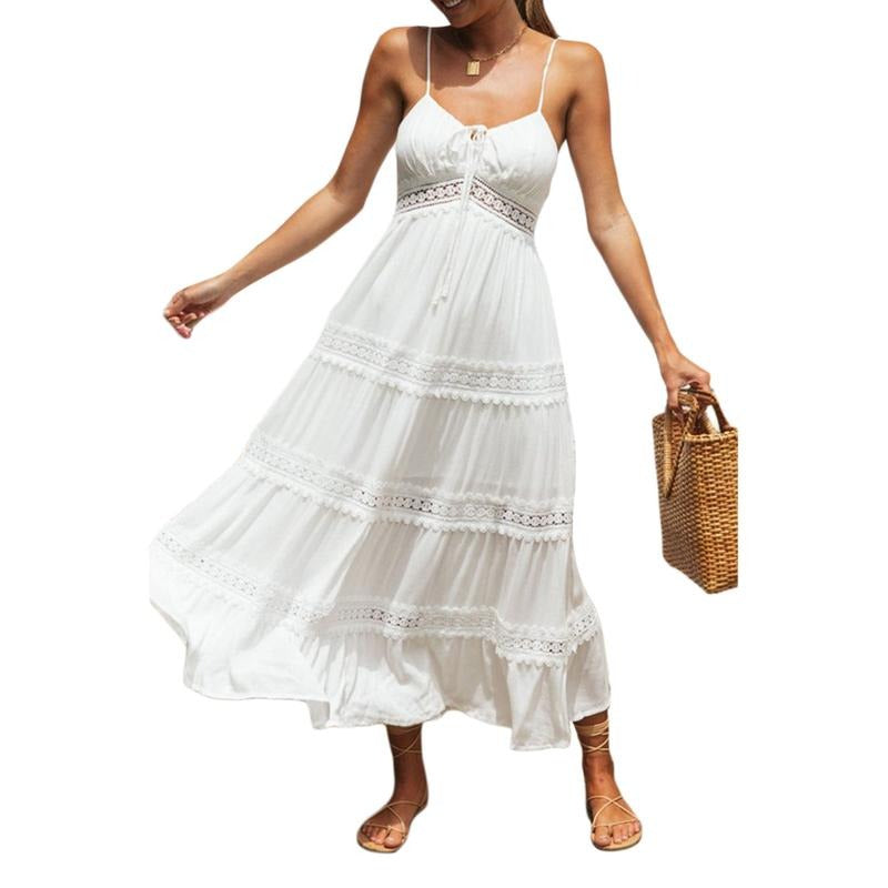 Women Summer Boho Dress, Sleeveless Hollow Solid Color Sling Spaghetti Straps Cake Skirt Casual Polyester