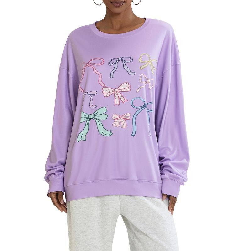 Women Sweatshirt, Long Sleeve Crew Neck Bowknot Print Hoodie Pullover Casual Tops