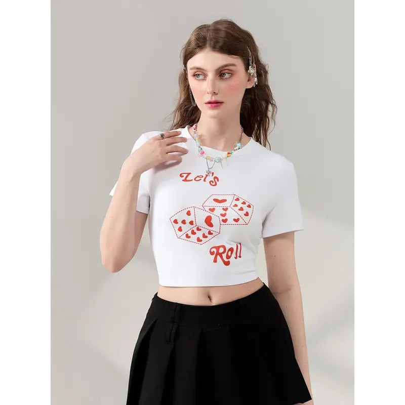 Women T-shirt, Crew Neck Short Sleeve Dice Heart Print Slim Fit Summer Tops for Casual Daily Womenswear Comfy