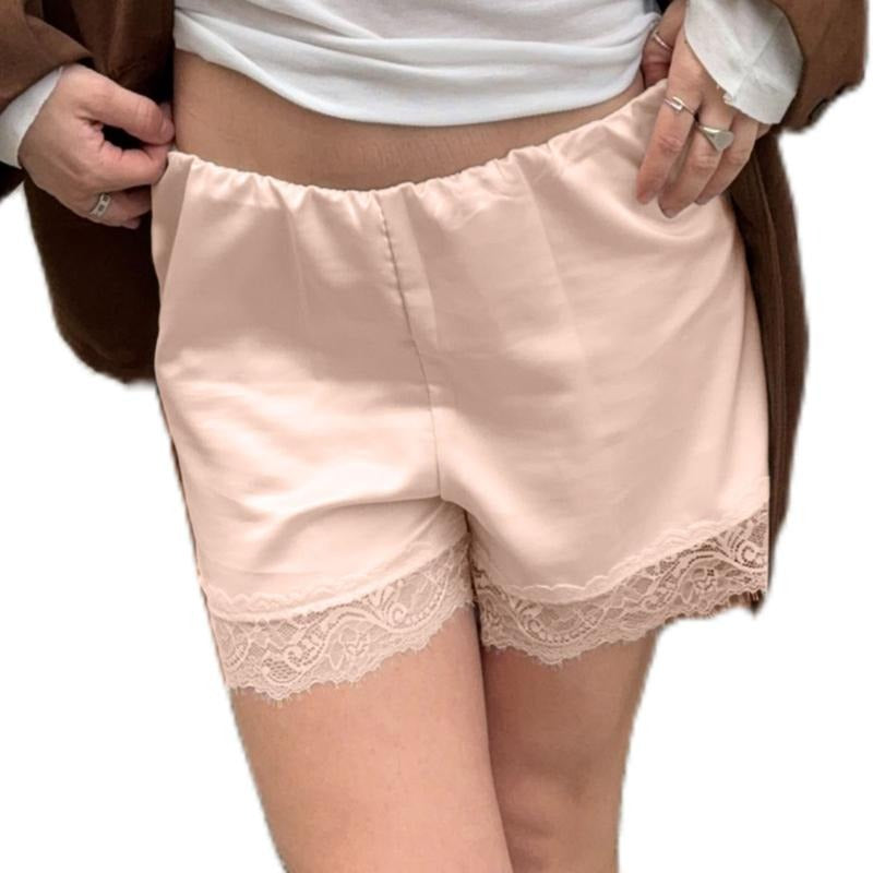 Women Y2k Cute Satin Pj Bottoms Mid Rise Lace Trim Casual Pajamas Shorts Loungewear Micro Shorts Party Streetwear