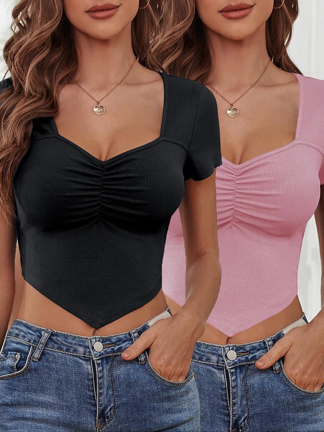 Women's Plain Ruched Hanky Hem Sweetheart Neck Crop Tee, Casual Basic Short Sleeve T-shirt for Summer, Lady's Comfort Minimalist Clothes for Daily Wear, Womenswear Valentine's Day, gift