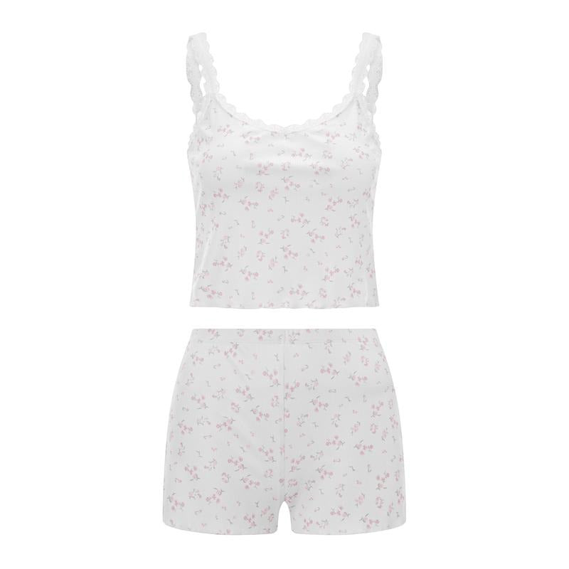 Women's 2 Piece Pajama Set Sleeveless Lace Trim Cami Tops Floral Shorts Sleepwear Sets Loungewear Cotton