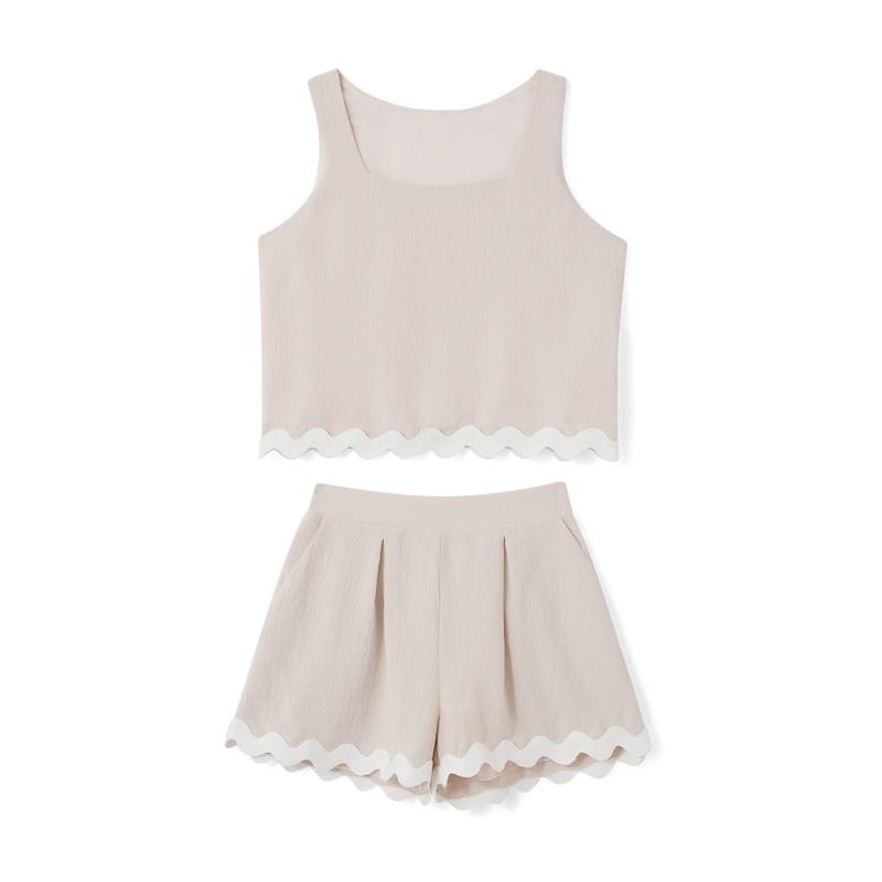 Women's 2 Piece Set, Square Neck Ric Rac Tank Tops + Elastic Waist Shorts with Pockets Casual Outfits for Summer Sleeveless Lady