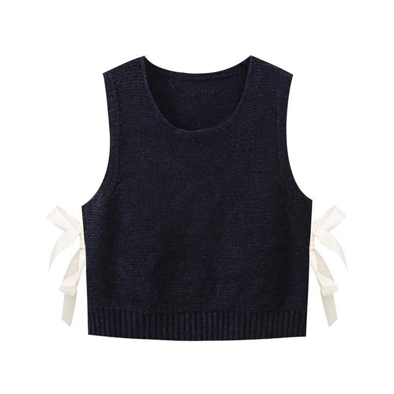 Women's Autumn Winter Knit Sweater Vest Solid Color Round Neck Side Tie Up Knitwear