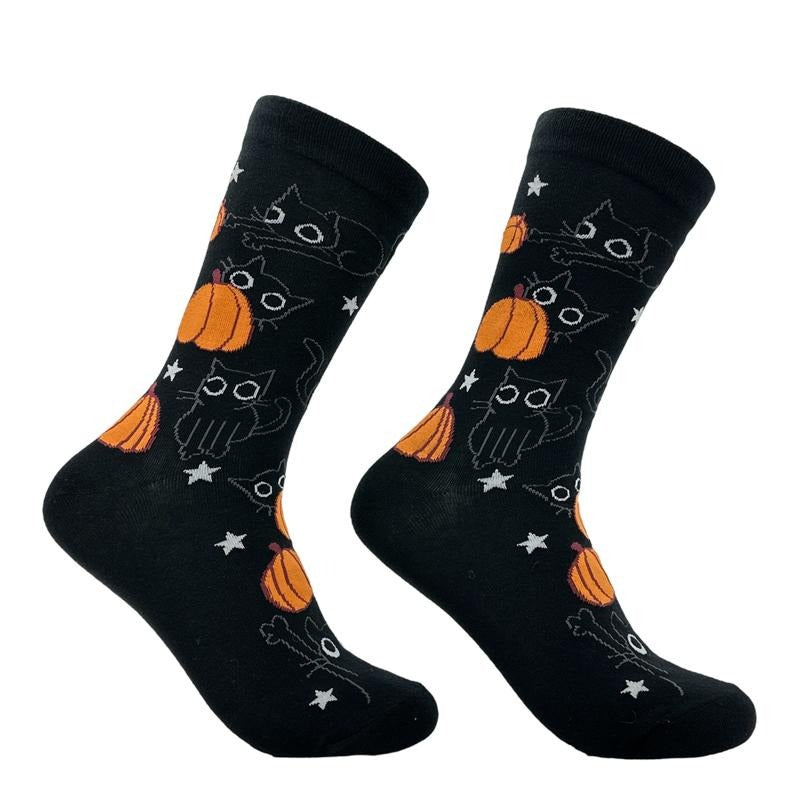 Women's Black Cat Pumpkin Socks Funny Cute Halloween Graphic Footwear Funny Graphic Socks Comfortable Fitted Spandex Cotton