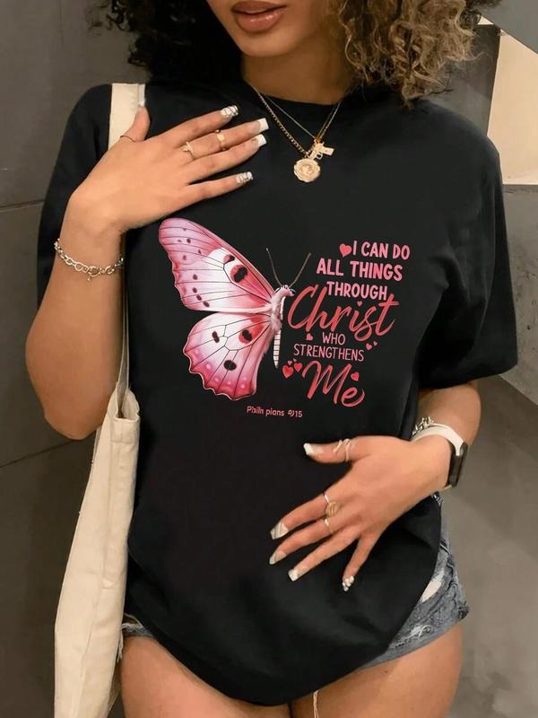 Women's Butterfly & Letter Print Round Neck Tee, Trendy Casual Short Sleeve Crew Neck T-shirt for Daily Wear, Ladies All Seasons Outfit