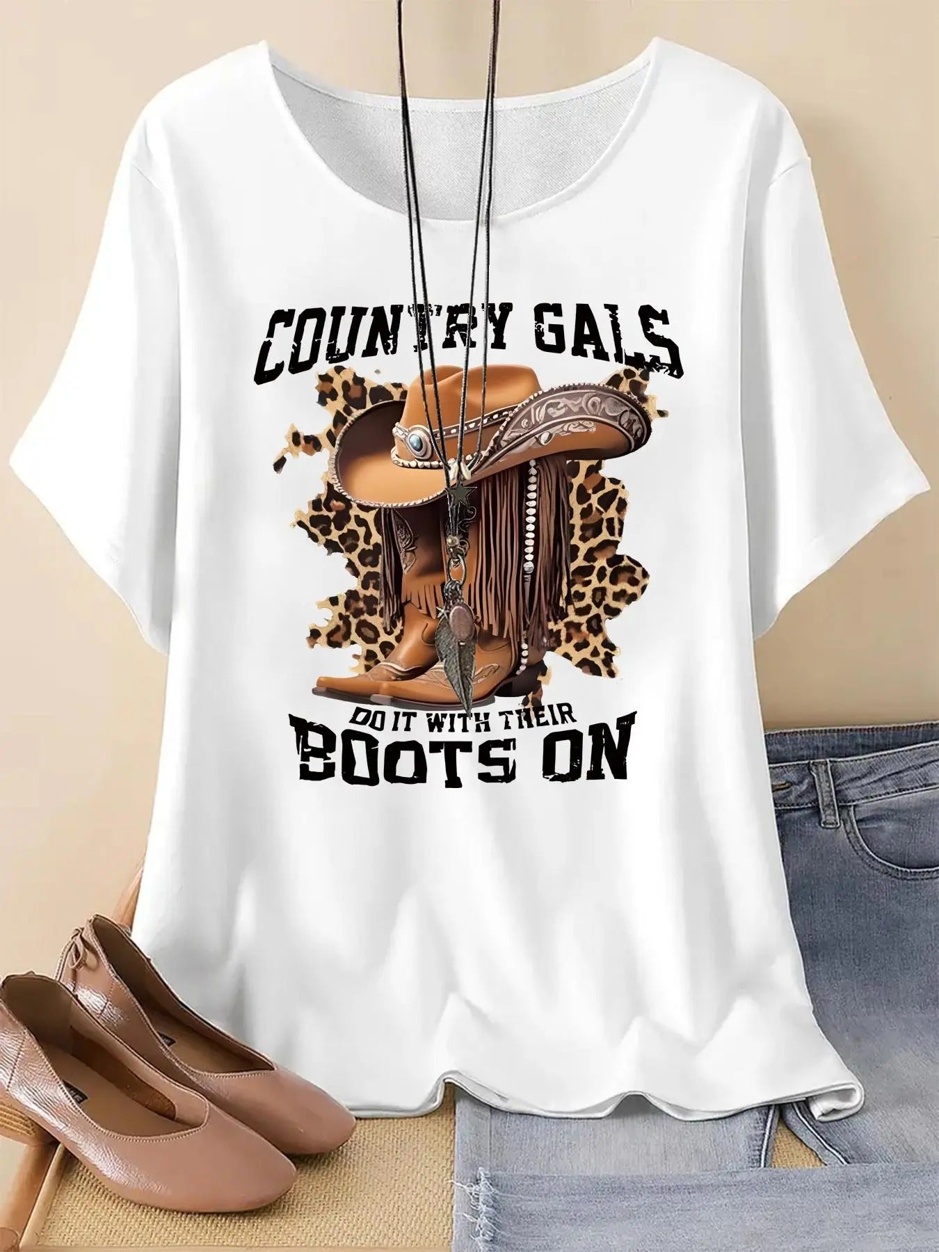 Women's Cartoon Boots Graphic Print Round Neck Tee, Fashion Casual Short Sleeve T-shirt, Ladies Summer Clothes for Daily Wear