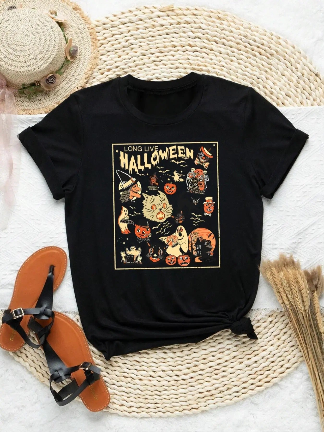 Women's Cartoon Letter Print Round Neck Graphic Tee, Vintage Trendy Casual Short Sleeve T-shirt for Daily Wear, Ladies All Seasons Outfit, Halloween