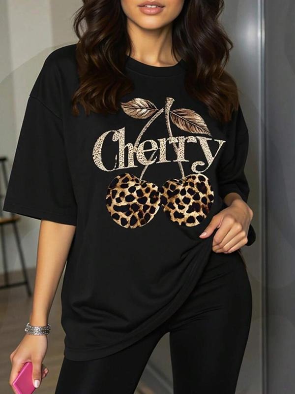 Women's Cherry & Leopard Print Round Neck Tee, Casual Glitter Letter Print Short Sleeve T-shirt for Daily Wear, Ladies Clothes for All Seasons, Top