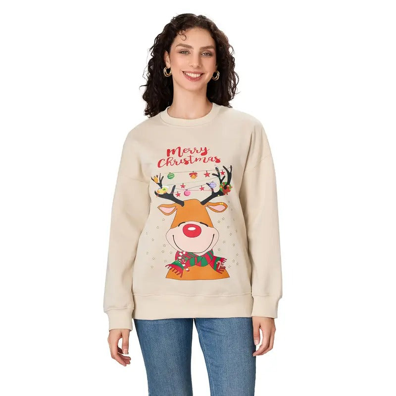 Women's Christmas Sweatshirt Loose Reindeer Letter Print Crew Neck Long Sleeve Casual Pullover Tops for Fall Winter