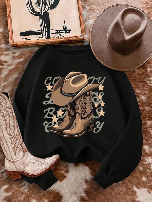 Women's Cowboy & Hat Print Round Neck Sweatshirt, Casual Long Sleeve Crew Neck Pullover for Spring & Fall, Fashion Women's Top for Daily Wear