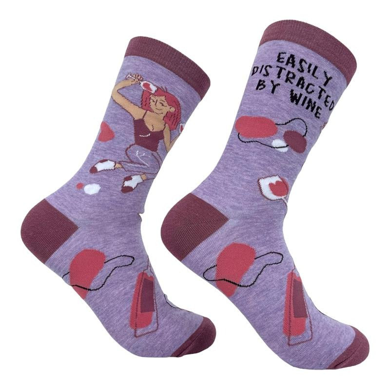 Women's Easily Distracted By Wine Socks Funny Cute Alcohol Drinking Lover Footwear Funny Graphic Socks Comfortable Fitted Spandex Cotton