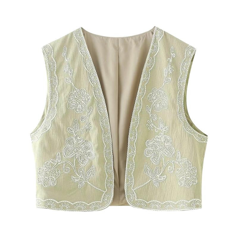 Women's Floral Embroidery Vest Jacket Spring Summer Sleeveless Open Front Short Tank Tops