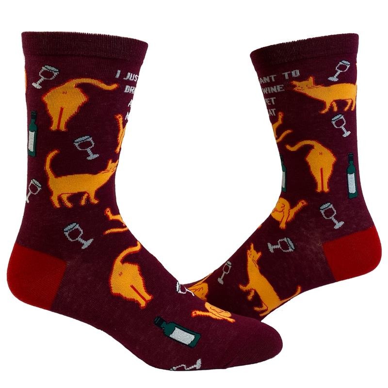 Women's I Just Want to Drink Wine and Pet My Cat Socks Funny Pet Kitty Kitten Animal Lover Graphic Footwear Funny Graphic Socks Comfortable Fitted Spandex Cotton