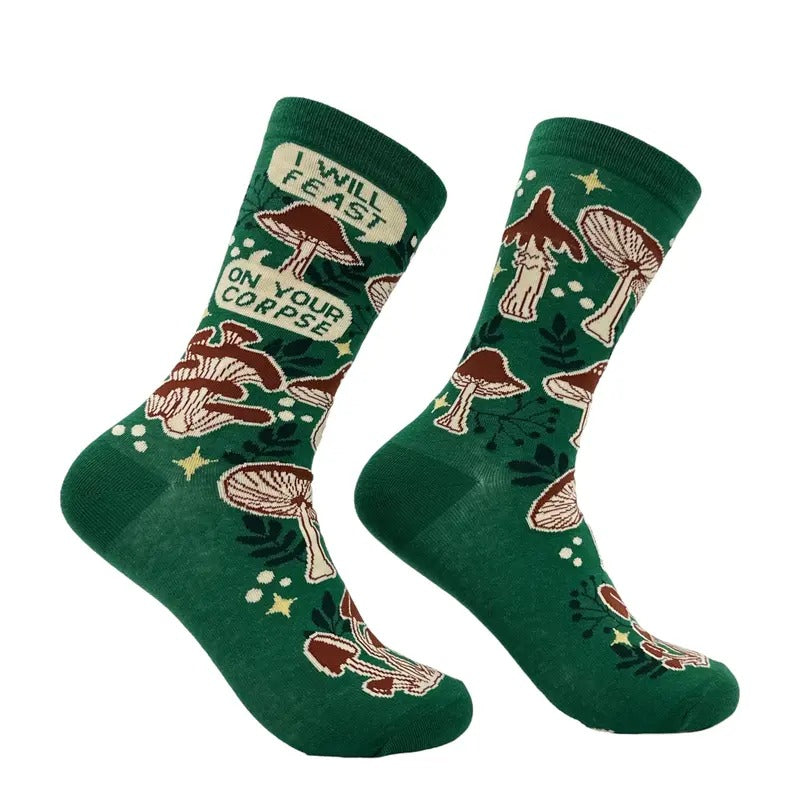 Women's I Will Feast On Your Corpse Socks Funny Sarcastic Mushroom Graphic Footwear Funny Graphic Socks Comfortable Fitted Spandex Cotton