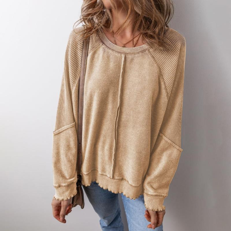 Women's Knit Waffled Loose Pullover Patchwork Long Sleeve Crew Neck Sweatshirt Streetwear