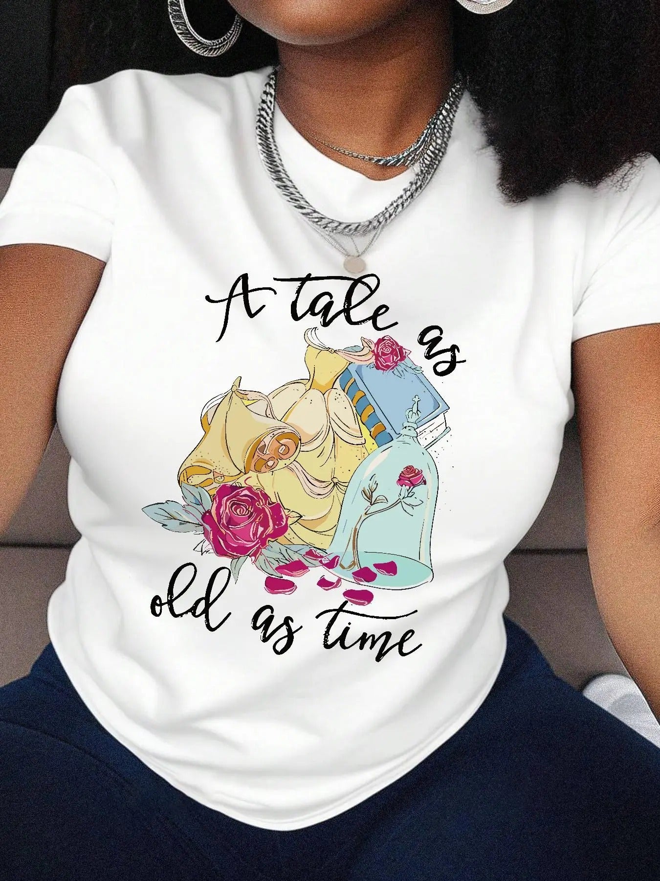 Women's Letter & Floral Print Round Neck Graphic Tee, Casual Short Sleeve T-shirt for Summer, Women Clothes for Daily Wear