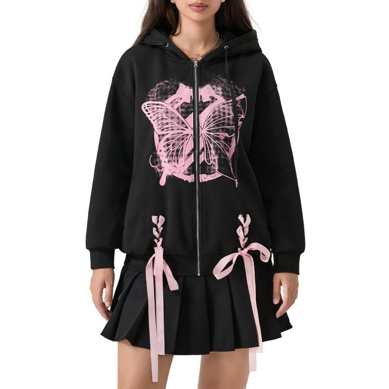 Women's Loose Hoodies Butterfly Print Long Sleeve Teen Harajuku Fall Jacket Casual Clothes Zip-Up Oversized Sweatshirts Coat Womenswear Check