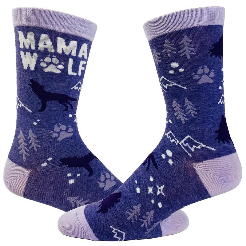 Women's Mama Wolf Socks Funny Camping Mother's Day Novelty Footwear Funny Graphic Socks Comfortable Fitted Spandex Cotton