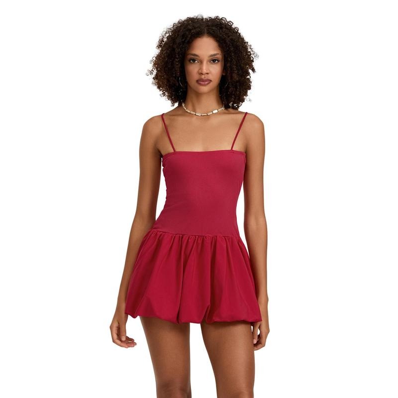 Women's Mini Spaghetti Strap Dress Solid Color Square Neck Backless Bubble Dress for Party Club