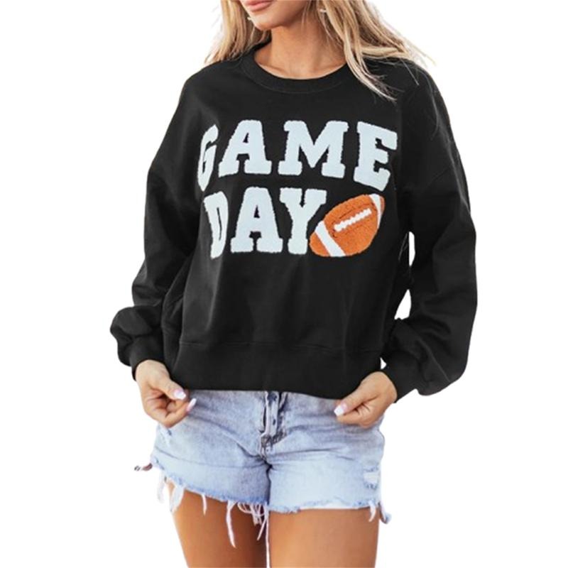 Women's Oversized Sweatshirt Football Letter Embroidered Long Sleeve Round Neck Casual Pullover Tops