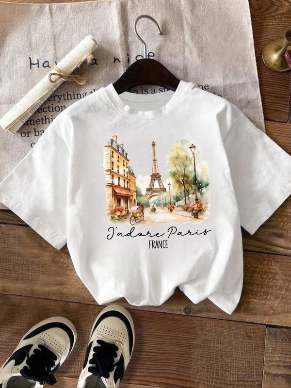 Women's Paris City Landscape & Letter Print Round Neck Graphic Tee, Vintage Trendy Casual Drop Shoulder Short Sleeve T-shirt for Daily Wear, Ladies Summer Outfit