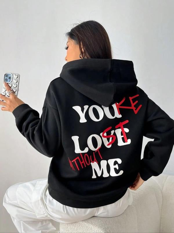 Women's Personalized Letter Print Drop Shoulder Drawstring Hoodie, Comfort Soft Long Sleeve Womenswear, Pocket Hooded Sweatshirt for Daily Streetwear, New Trendy Women Pullover Tops, Cozy Fall Outfits