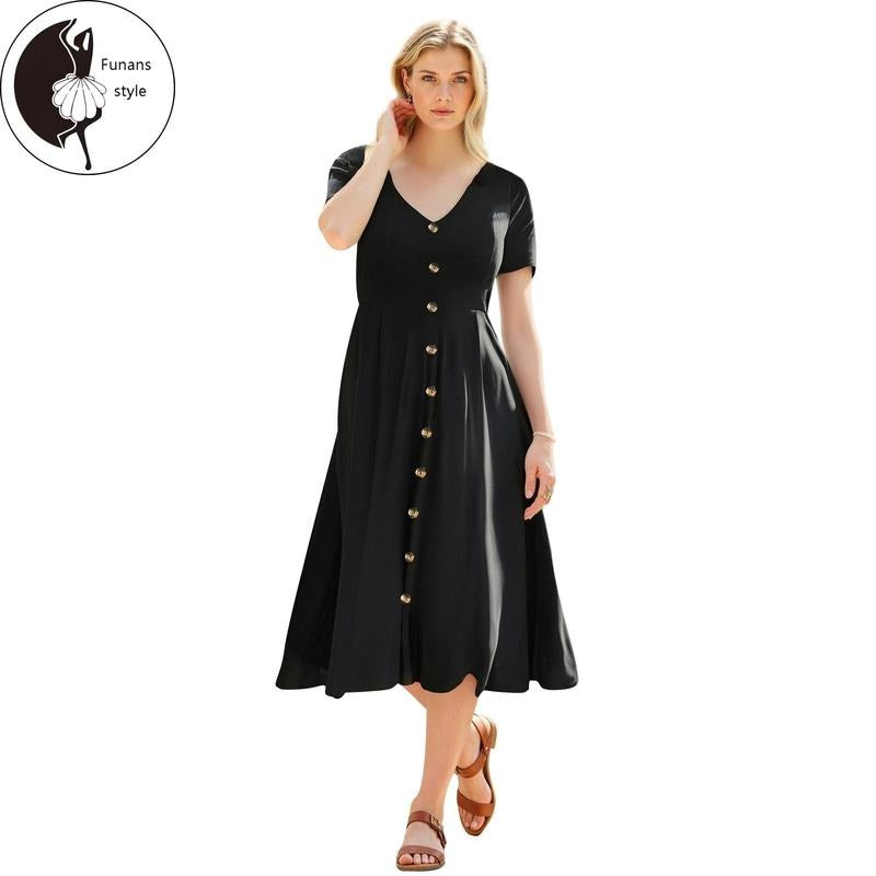 Women's Plus Size Dresses Stylish Solid Button Down Design V Neck Short Sleeve Dress for Summer