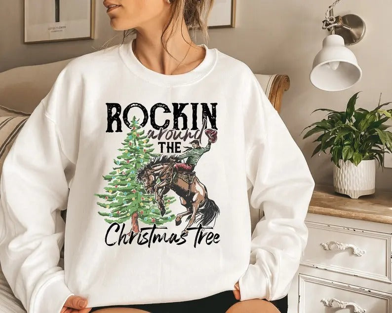 Women's Rocking Around The Christmas Tree Sweater, Retro Thanksgiving Western Cowboy Christmas Shirt - Pullover, Cotton Unisex Womenswear