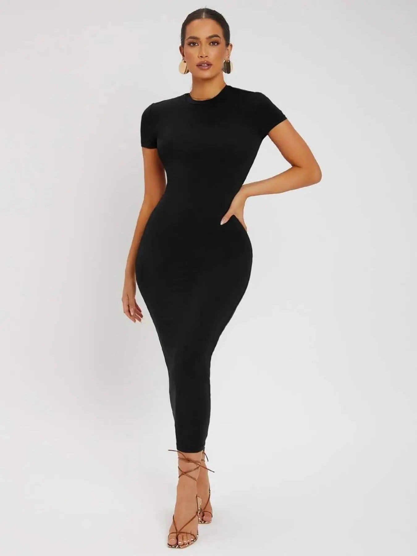 Women's Solid Mock Neck Bodycon Dress, Elegant Fashion Short Sleeve Midi Dress for Daily Outdoor Wear, Ladies Dress for Summer