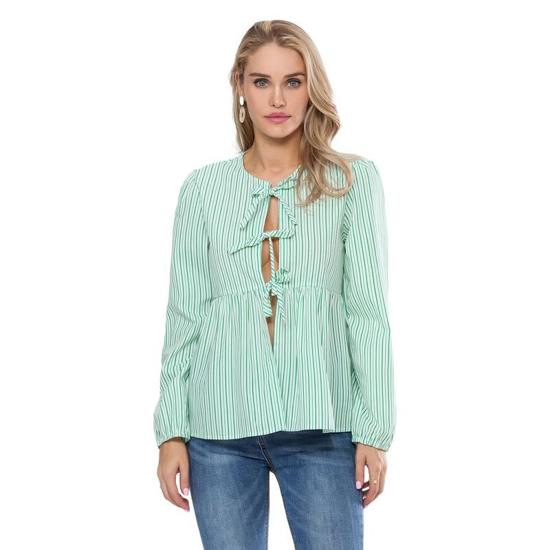 Women's Spring Peplum Tops Long Puff Sleeve O Neck Tie Front Striped Babydoll Tops Light Polyester