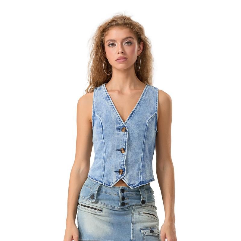 Women's Summer Casual Tank Tops Sleeveless Deep V Neck Button Up Denim Vest Cotton Womenswear