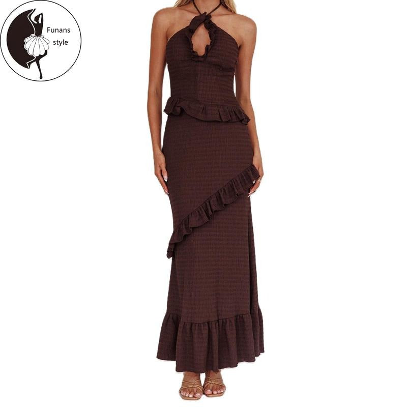 Women's Summer Outfits Solid Color Cutout Halter Tank Tops + RuffledLong Skirt Set Party Clothes