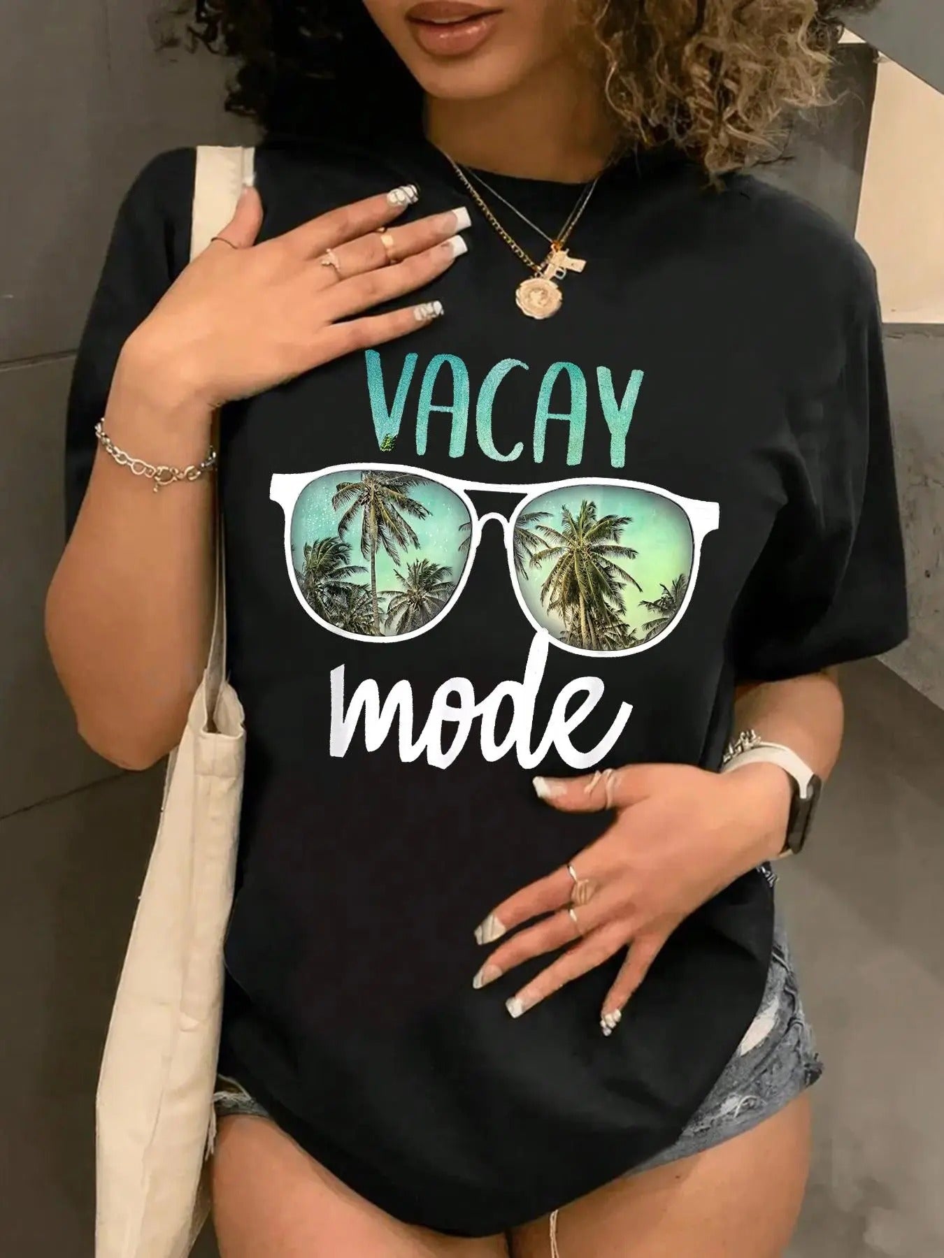 Women's Sunglasses & Letter Print Round Neck Tee, Trendy Casual Short Sleeve T-Shirt for Daily Wear, Ladies All Seasons Outfit