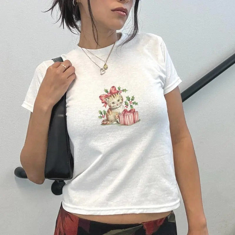 Women's Vintage Cute Cat Coquette Christmas Baby Tee - Casual, Comfort Cotton Top