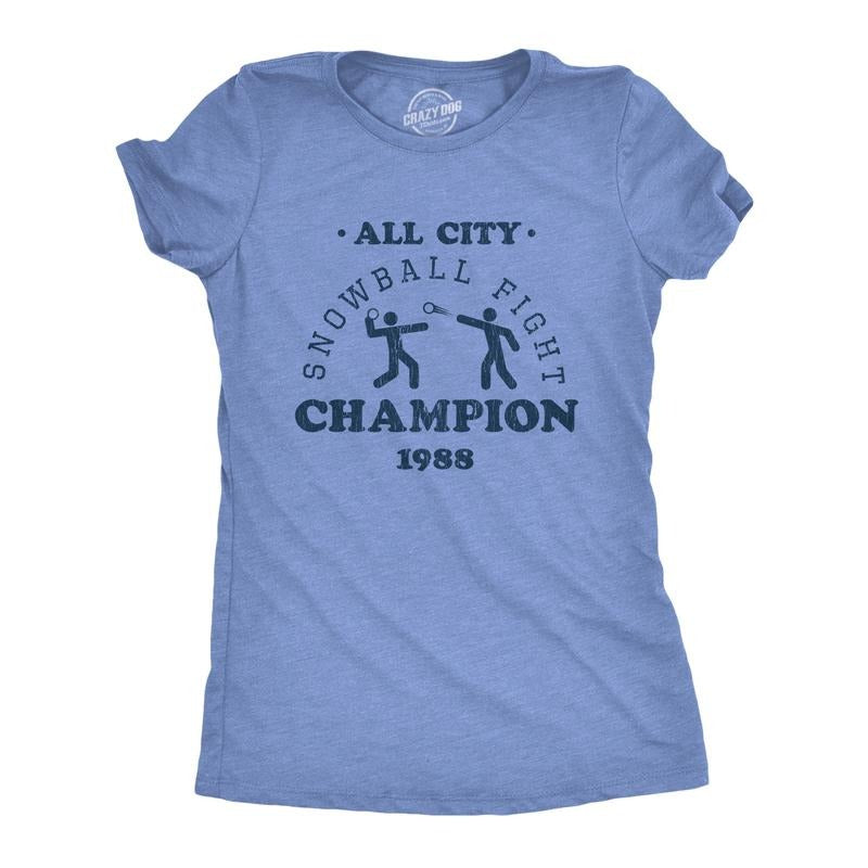 Womens All City Snowball Fight Champion 1988 T Shirt Funny Winter Snow Graphic Vintage Tee Funny Womens T Shirts Cute Slimming Top Comfortable Soft Womenswear Christmas Tops for Women Women's Novelty Light Blue