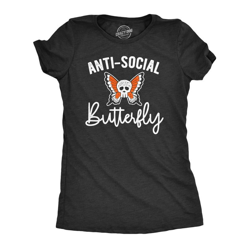 Womens Anti-Social Butterfly T Shirt Funny Introvert Skull Tee Funny Womens T Shirts Cute Slimming Top Comfortable Soft Womenswear Animal Tops for Women Funny Introvert Top Women's Novelty Tees Black -