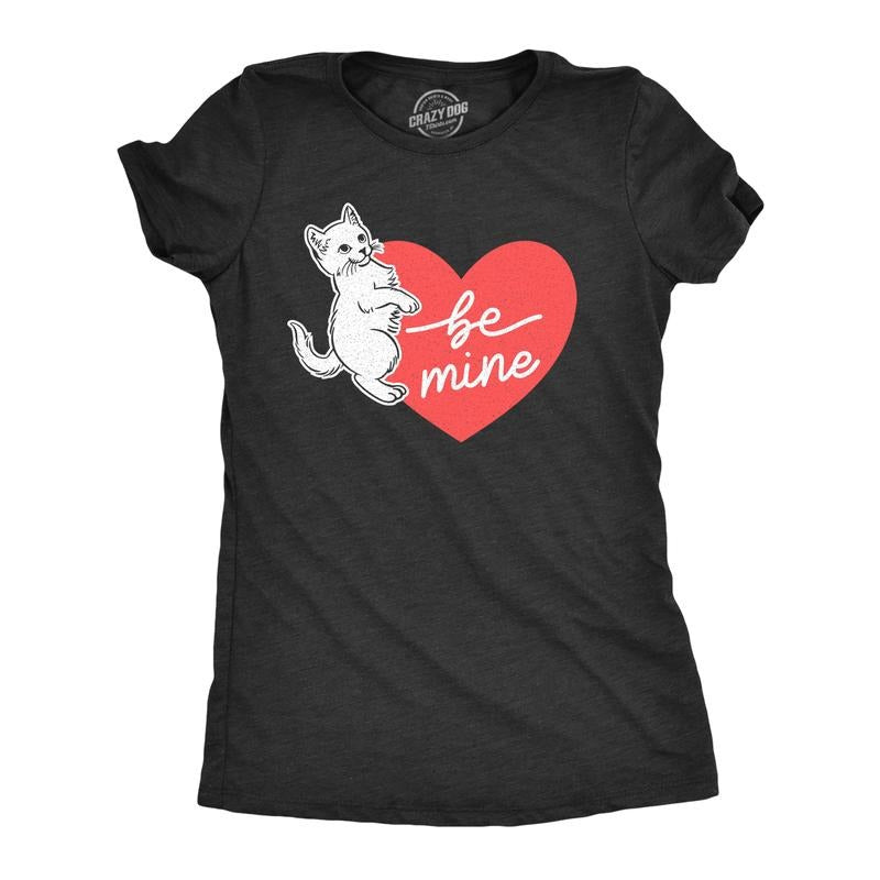 Womens Be Mine Cat T Shirt Cute Valentines Day Kitten Heart Graphic Novelty Tee Funny Womens T Shirts Cute Slimming Top Comfortable Soft Womenswear Love Tops for Women Funny Cat Top Women's Novelty Black