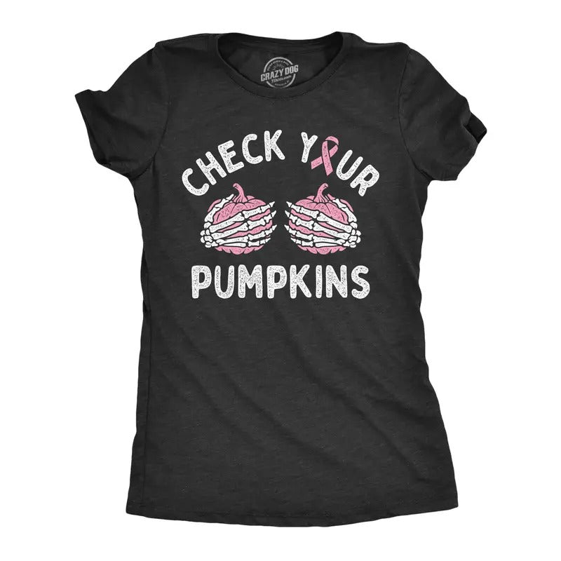 Womens Check Your Pumpkins T Shirt Funny Halloween Breat Cancer Awareness Tee For Ladies Funny Womens T Shirts Cute Slimming Top Comfortable Soft Womenswear Halloween Tops for Women Women's Novelty Black -