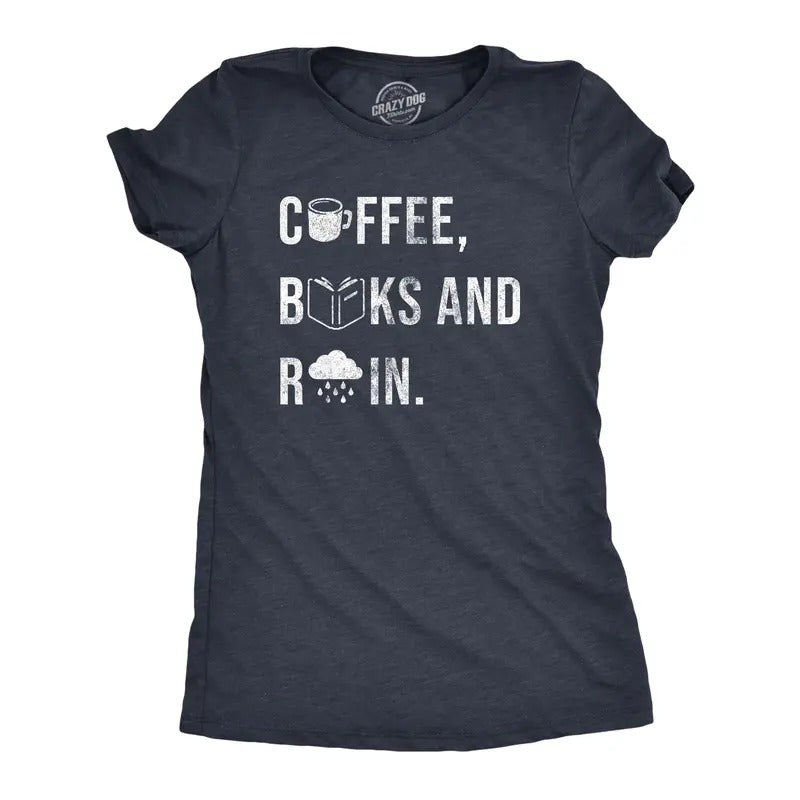Womens Coffee Books And Rain T Shirt Funny Caffeine Reading Lovers Tee For Ladies Funny Womens T Shirts Cute Slimming Top Comfortable Soft Womenswear Nerd Tops for Women Funny Coffee Top Women's Navy -