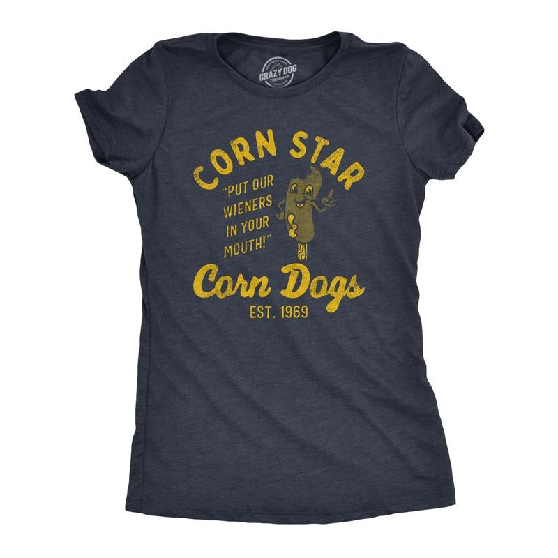 Womens Corn Star Corn Dogs T Shirt Funny Hot Dog Adult Joke Tee For Ladies Funny Womens T Shirts Cute Slimming Top Comfortable Soft Womenswear Food T Shirt for Women Funny Sarcastic T Shirt Women's Navy -
