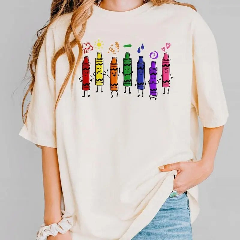Womens Crayon Design Shirt, Mood Color Crayons Teacher Tee, Cute Teacher Shirt, Kindergarten Teacher, Teacher Life Shirt, Art Teacher Comfort Tee, First Day Of School T-Shirt, Teacher Comfort Women Top