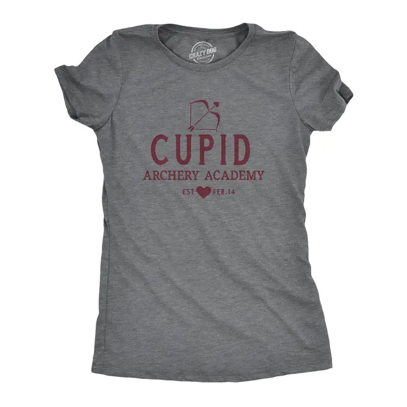 Womens Cupid Archery Academy T Shirt Funny Valentines Day Shirt for Women Funny Womens T Shirts Cute Slimming Top Comfortable Soft Womenswear Love Tops for Women Women's Novelty Tees Dark Grey