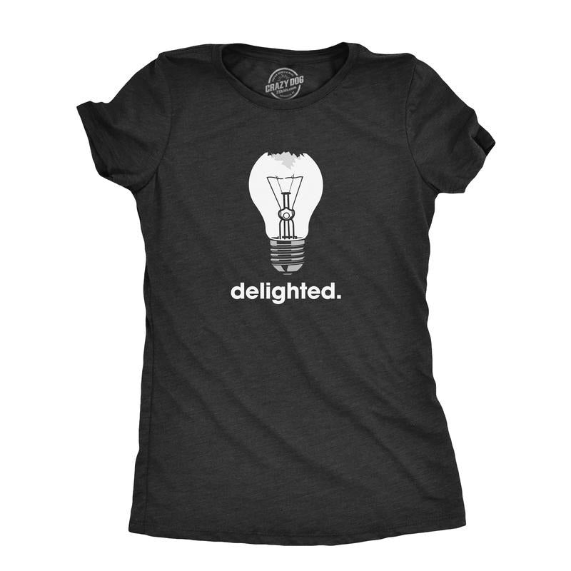 Womens Delighted T Shirt Funny Broken Smashed Light Bulb Joke Tee For Ladies Funny Womens T Shirts Cute Slimming Top Comfortable Soft Womenswear Funny Sarcastic Top Women's Novelty Tees Black -